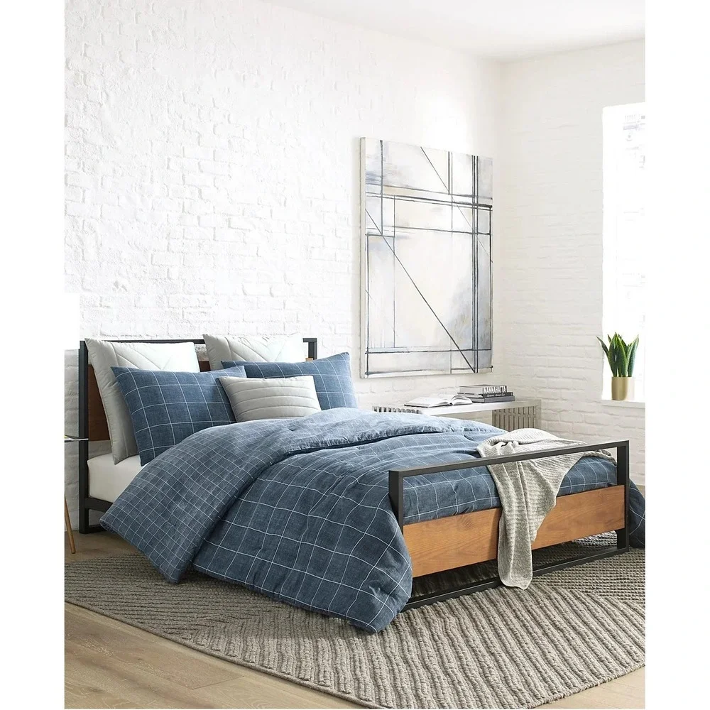 Kenneth Cole New York Full/Queen Duvet 2 Shams Navy Cotton Squares Grid NWOT